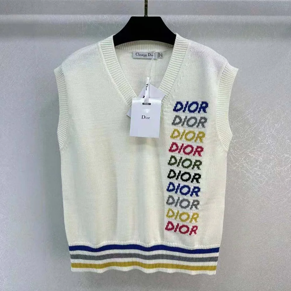 Dior Sleeveless Sweater Beige Wool and Cashmere Intarsia for Men