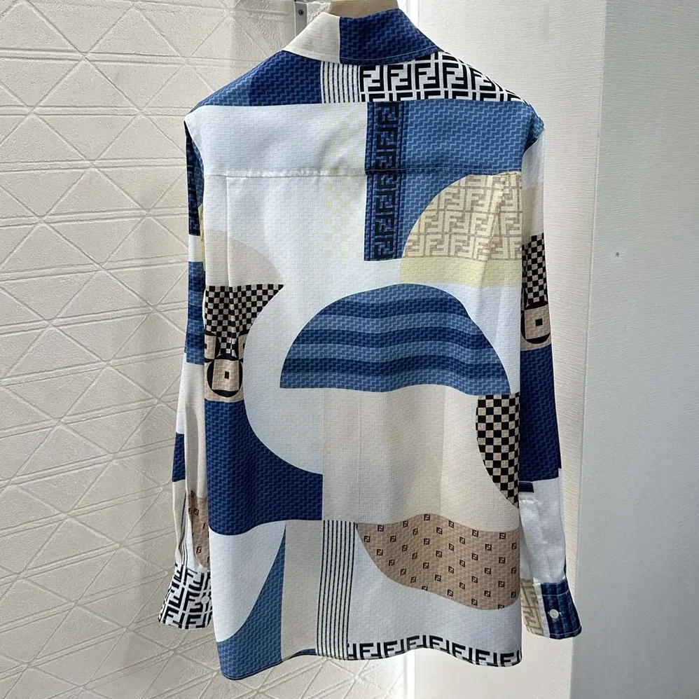 Fendi Blue Silk Shirt with Patchwork Print for Women Fendi Blue Silk Shirt with Patchwork Print for Women