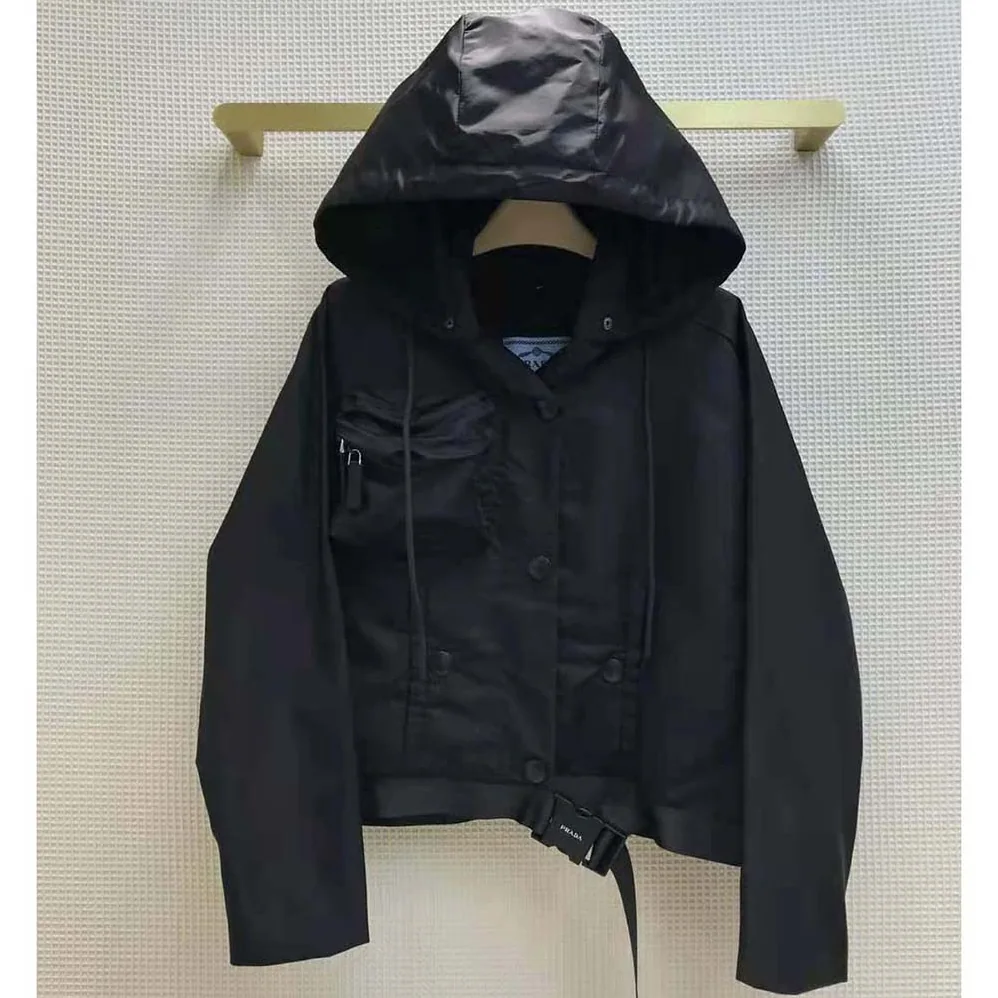 Prada Re-Nylon Gabardine Hooded Blouson Jacket for Women in Black Prada Re-Nylon Gabardine Hooded Blouson Jacket for Women in Black