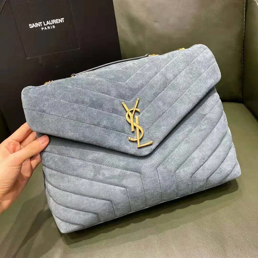 Saint Laurent YSL Loulou Medium Chain Bag in “Y”-Quilted Suede for Women in Silver Saint Laurent YSL Loulou Medium Chain Bag in “Y”-Quilted Suede for Women in Silver