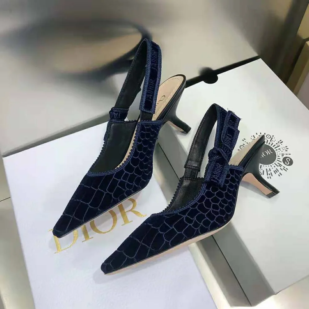 Dior J'Adior Slingback Pump Deep Blue Crocodile for Women in Effect Embroidered Velvet