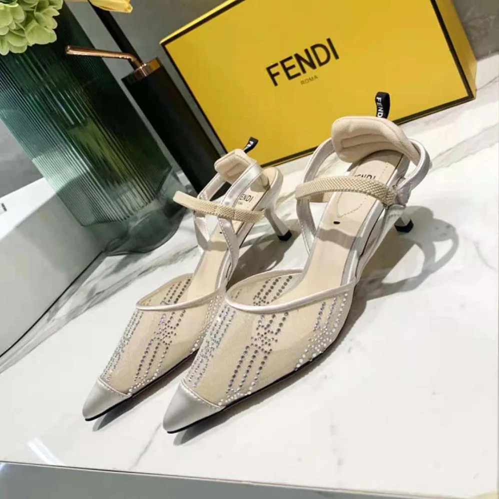 Fendi Colibri Medium Heel Pink Mesh Slingbacks with Rhinestone Embroidery for Women