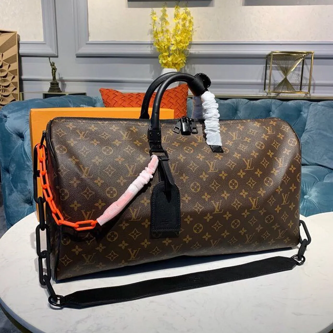 Louis Vuitton Keepall Bandouliere 50 Travel Bag / Black in Orange Monogram Black Hardware Louis Vuitton Keepall Bandouliere 50 Travel Bag / Black in Orange Monogram Black Hardware