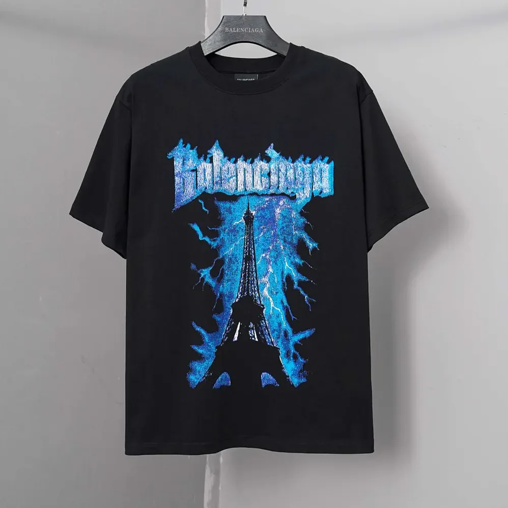 Balenciaga Paris Thunderstorm Oversized T-Shirt in Black Dry Jersey for Men Balenciaga Paris Thunderstorm Oversized T-Shirt in Black Dry Jersey for Men