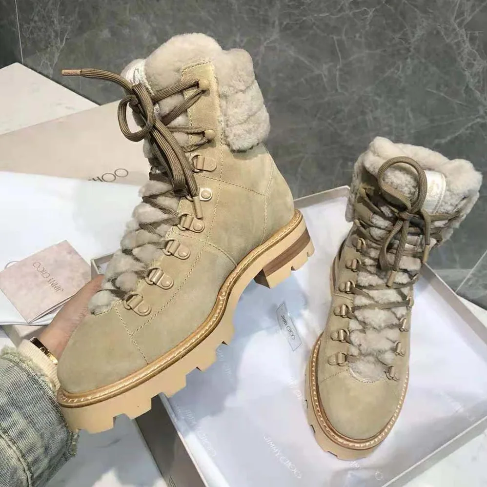 Jimmy Choo Eshe Flat Shearling Stucco Suede Hiking Boots for Women Jimmy Choo Eshe Flat Shearling Stucco Suede Hiking Boots for Women