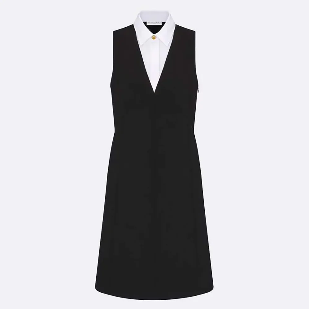 Dior Dress with Spread Collar Black Double-Sided Virgin Wool Crepe and White Cotton Poplin for Women Dior Dress with Spread Collar Black Double-Sided Virgin Wool Crepe and White Cotton Poplin for Women