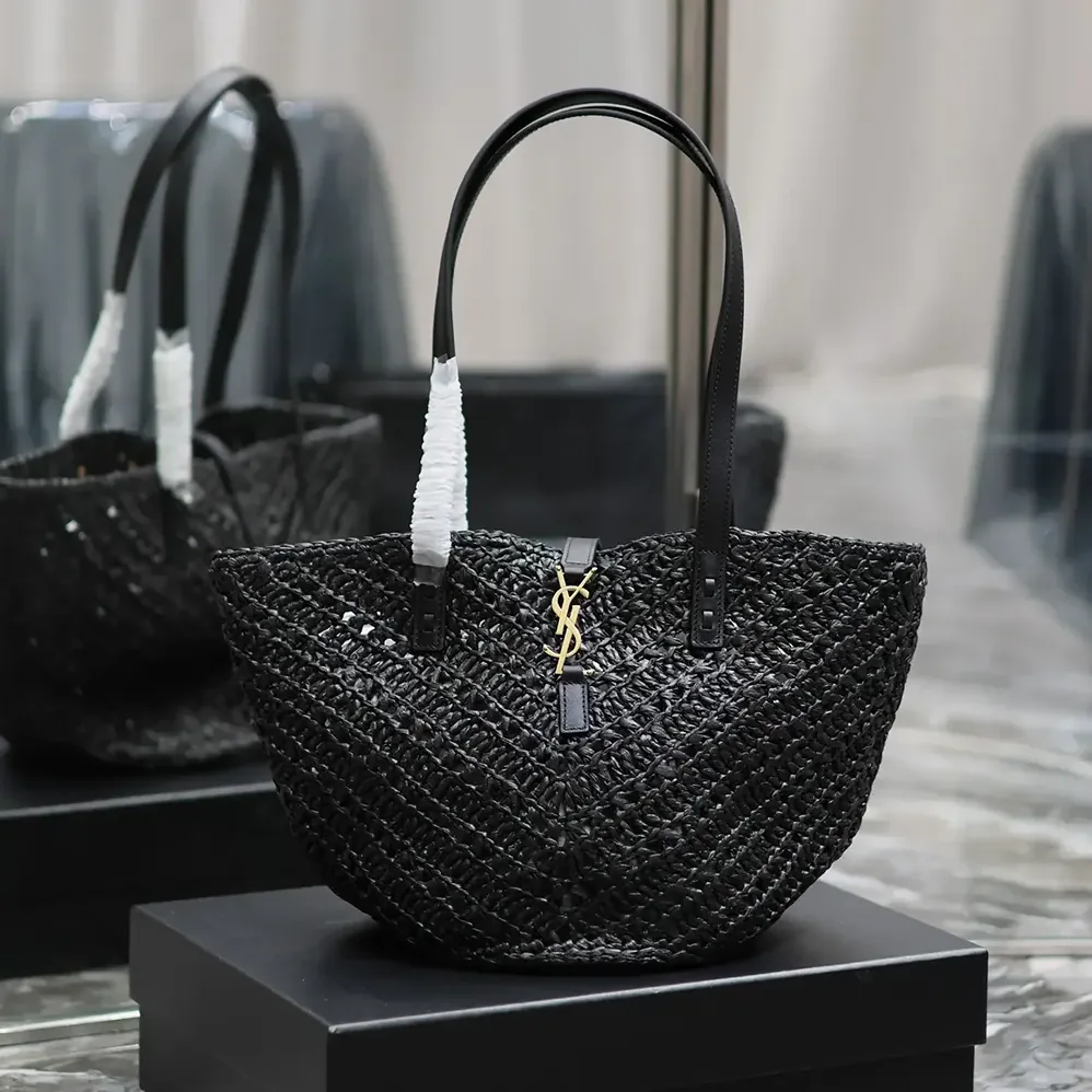 Saint Laurent YSL Panier Small in Raffia and Vegetable-tanned Leather for Women in Black