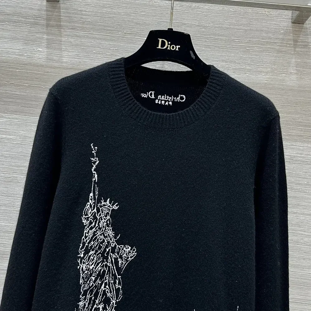 Dior Embroidered Sweater Black and White Cashmere and Silk Knit with New York Motif for Women