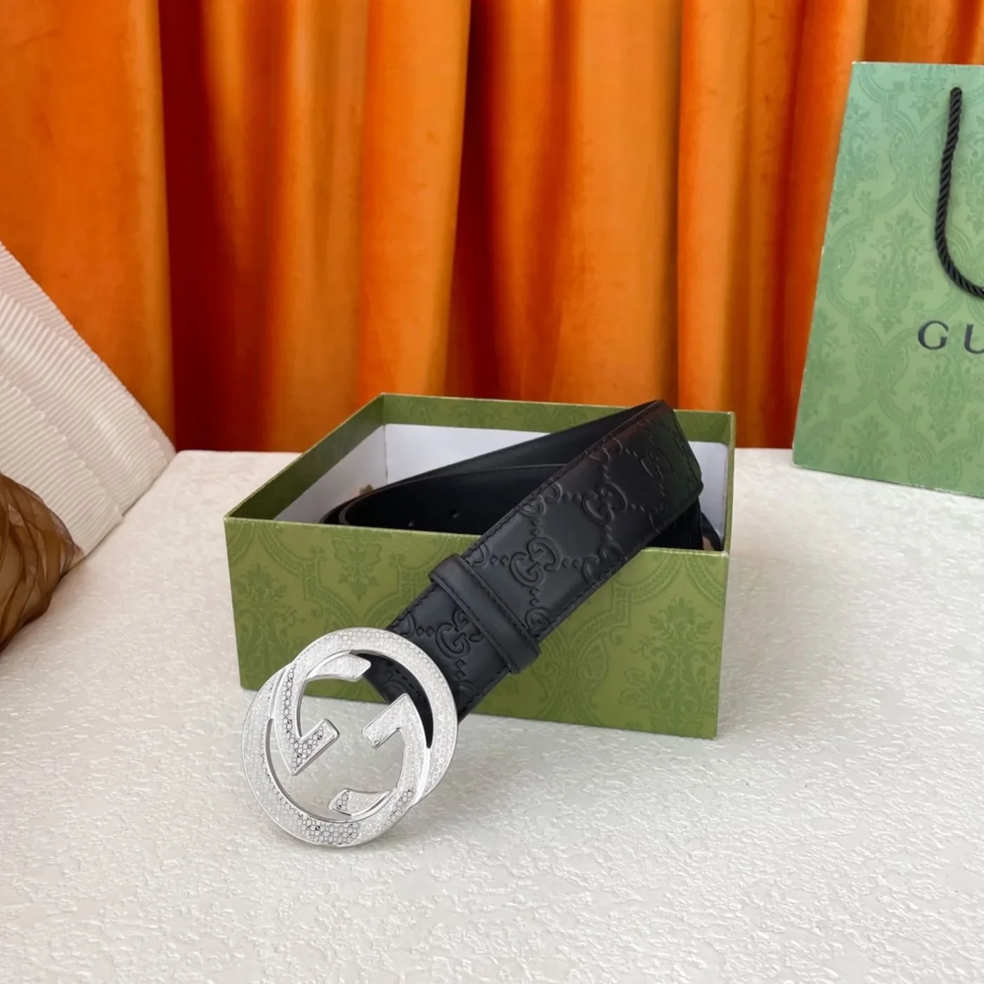 Gucci Iconic GG Buckle Belt Embossed Black With Silver Bling Buckle Gucci Iconic GG Buckle Belt Embossed Black With Silver Bling Buckle