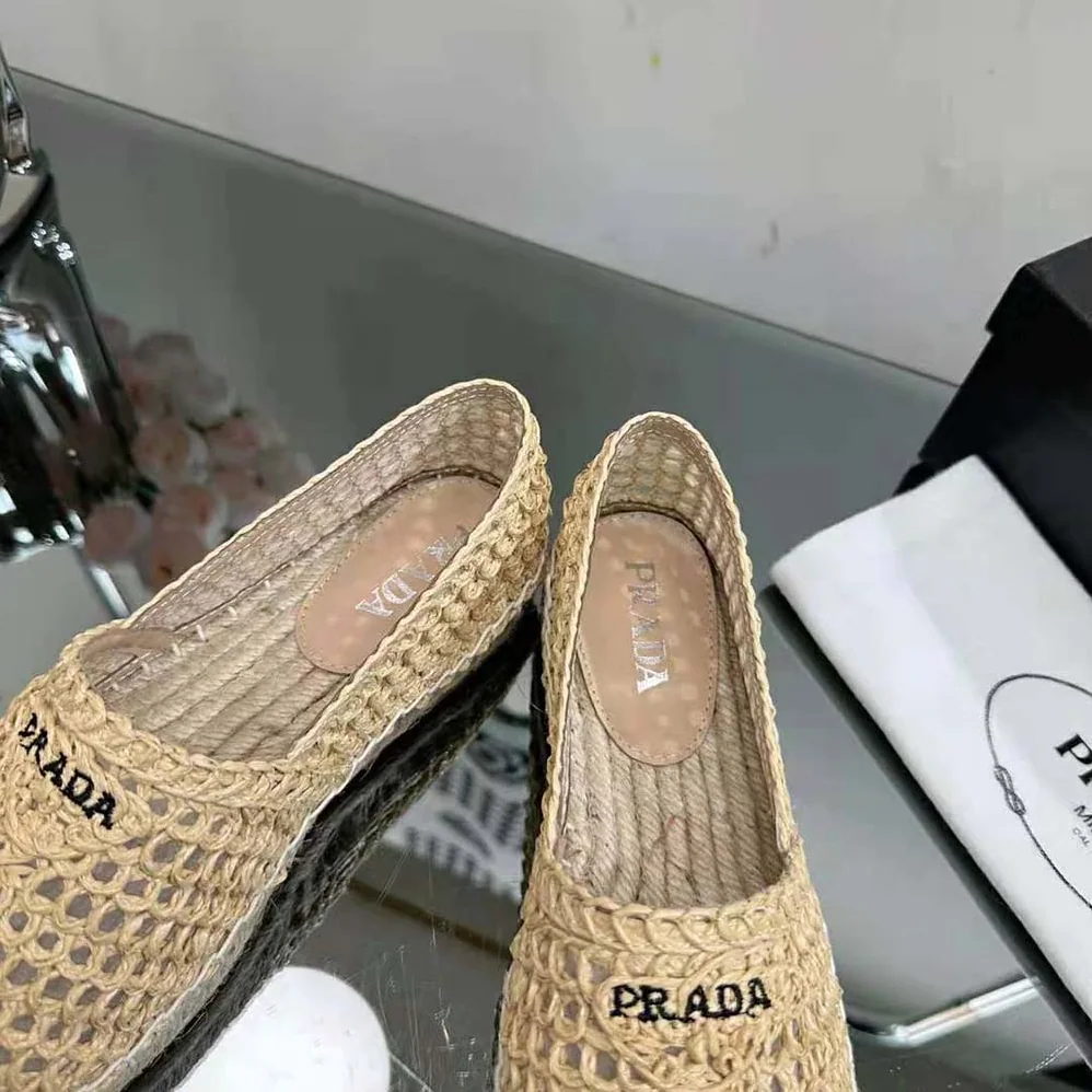 Prada Crochet Espadrilles with Embroidered Logo for Women in Beige