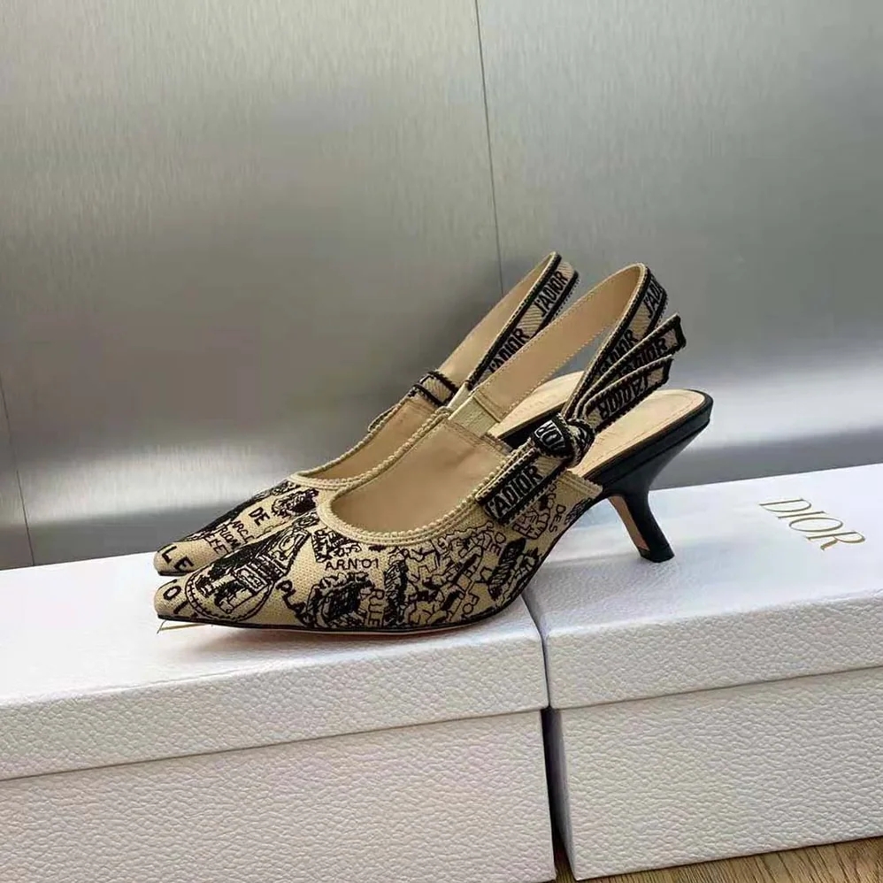 Dior J'Adior Slingback Pump Beige and Black Cotton Embroidered with Plan de Paris Motif for Women Dior J'Adior Slingback Pump Beige and Black Cotton Embroidered with Plan de Paris Motif for Women