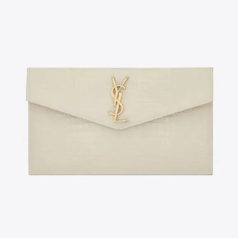 Saint Laurent YSL Uptown Pouch in Crocodile-embossed Shiny Leather for Women in White