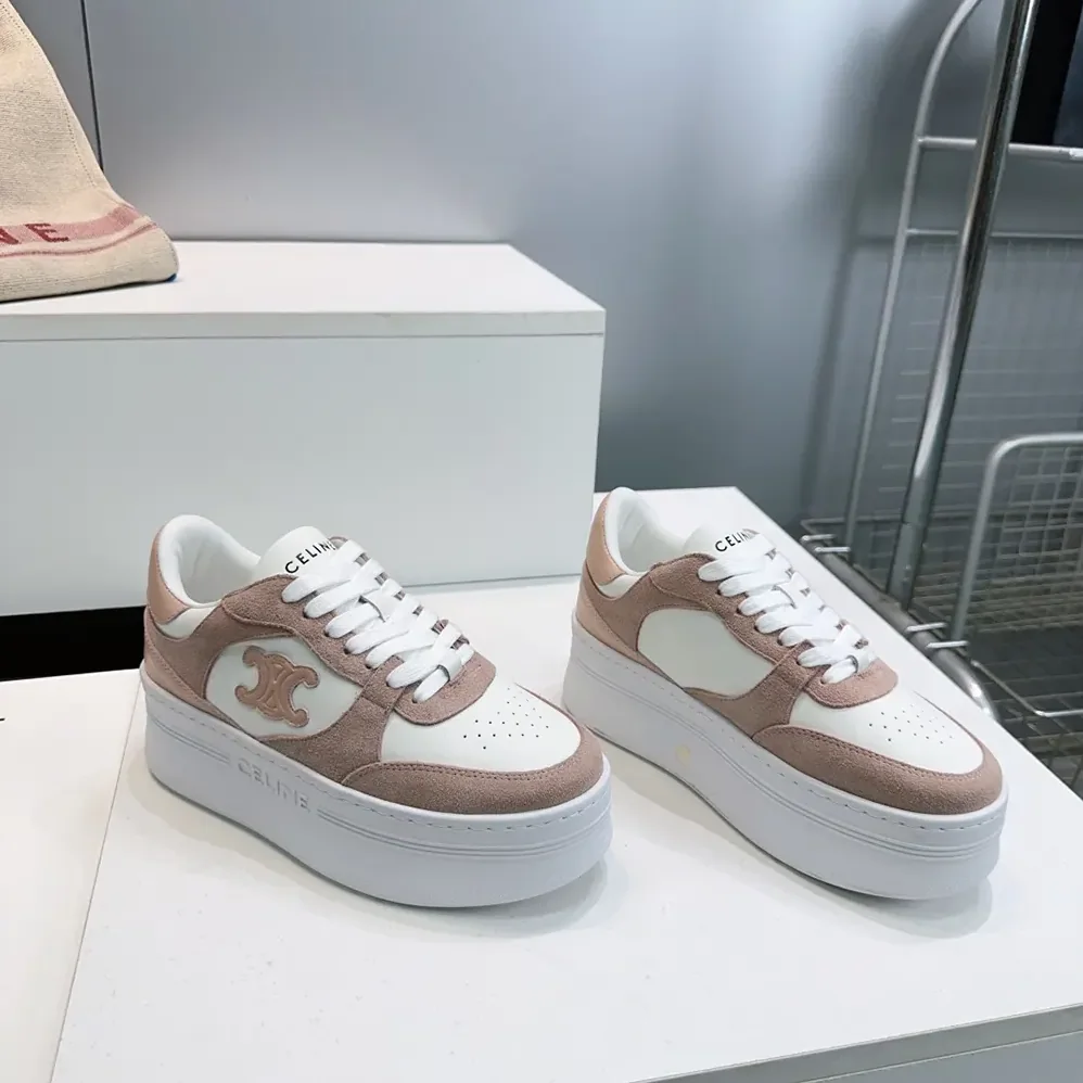 Celine Block Wedge Sneaker With Triomphe Patch In Calfskin And Suede Calfskin for Women in Pink