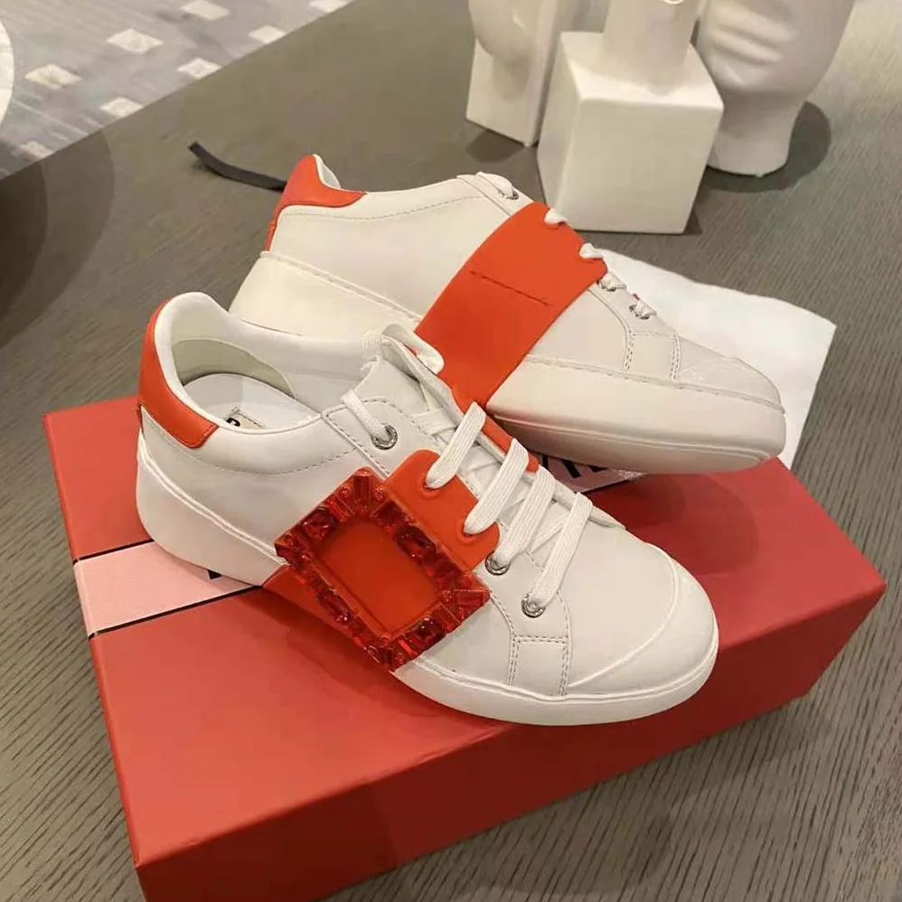 Roger Vivier Viv Skate Strass Buckle Sneakers in Soft Leather for Women in Red
