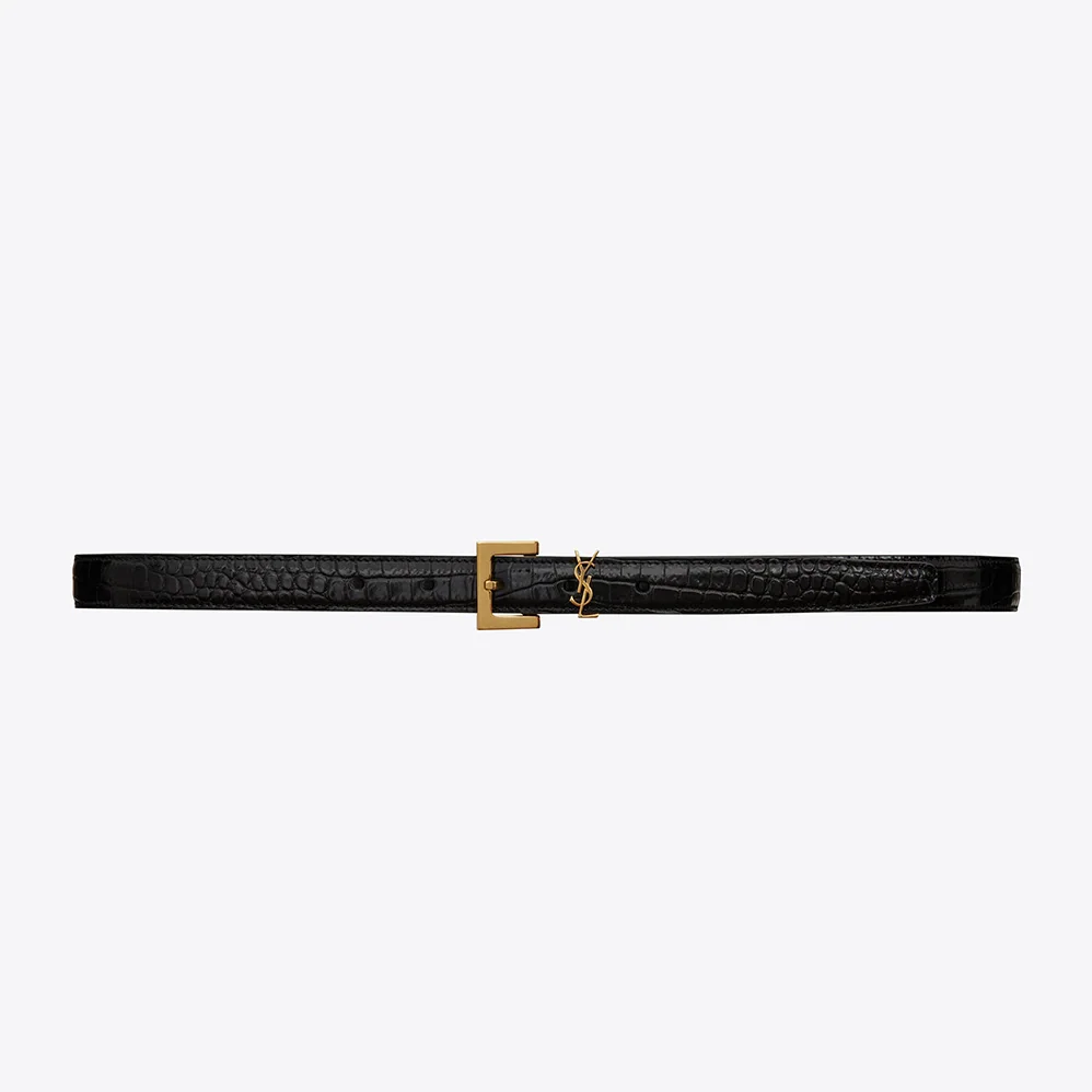 Saint Laurent YSL Monogram Narrow Belt with Square Buckle in Crocodile Embossed Leather for Women