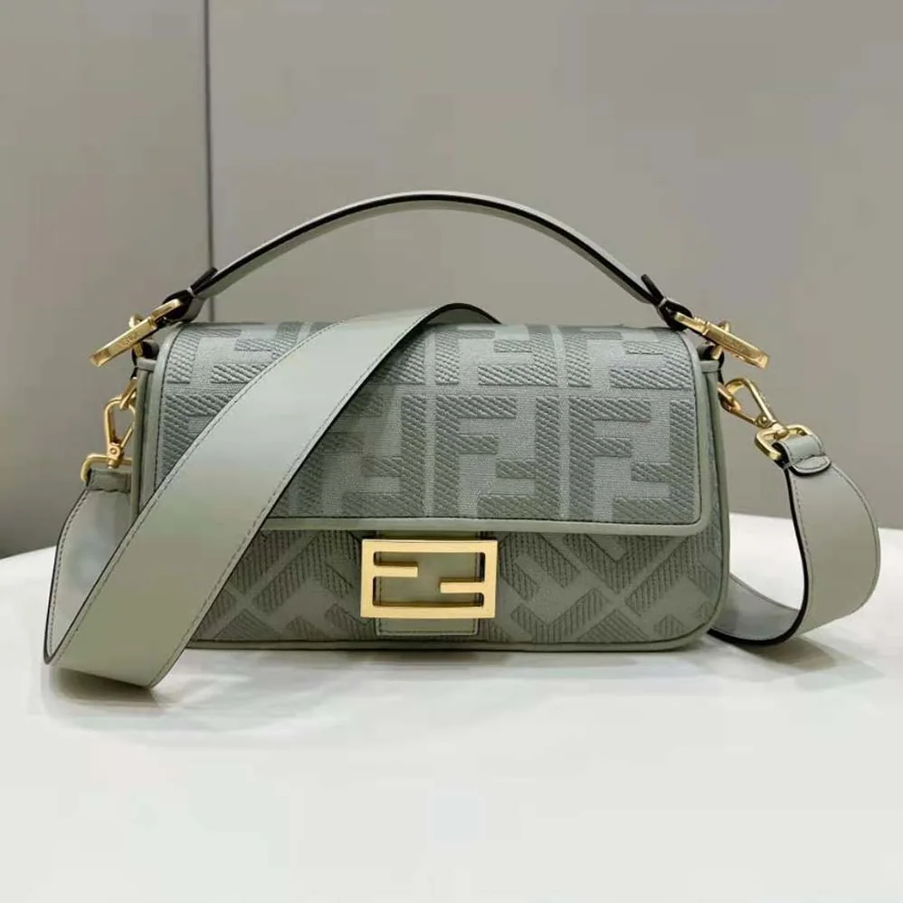 Fendi Baguette Light Green Canvas Bag with FF Embroidery for Women Fendi Baguette Light Green Canvas Bag with FF Embroidery for Women