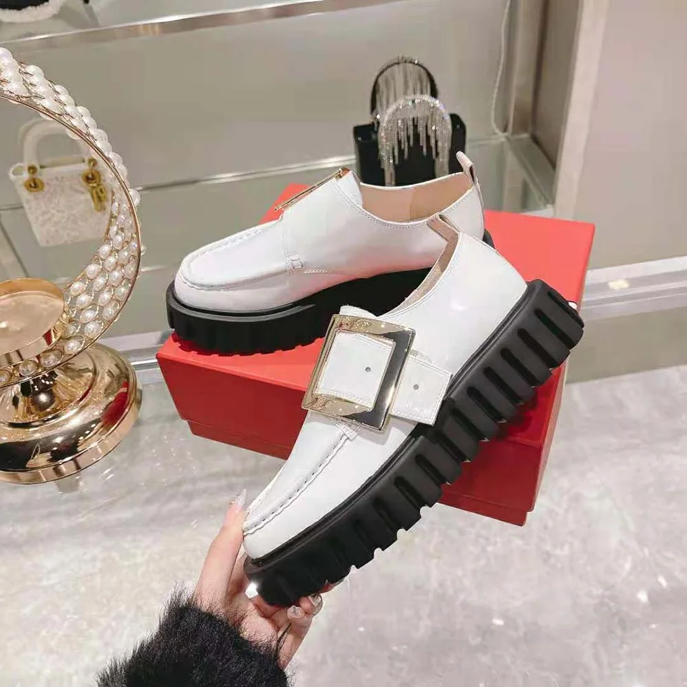 Roger Vivier Viv' Go-Thick Metal Buckle Loafers in Patent Leather for Women in White Roger Vivier Viv' Go-Thick Metal Buckle Loafers in Patent Leather for Women in White
