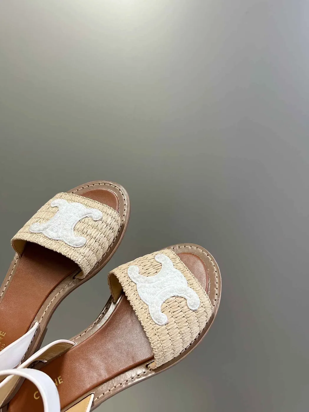 Celine Lympia Flat Strap Sandal In Raffia White .02GH