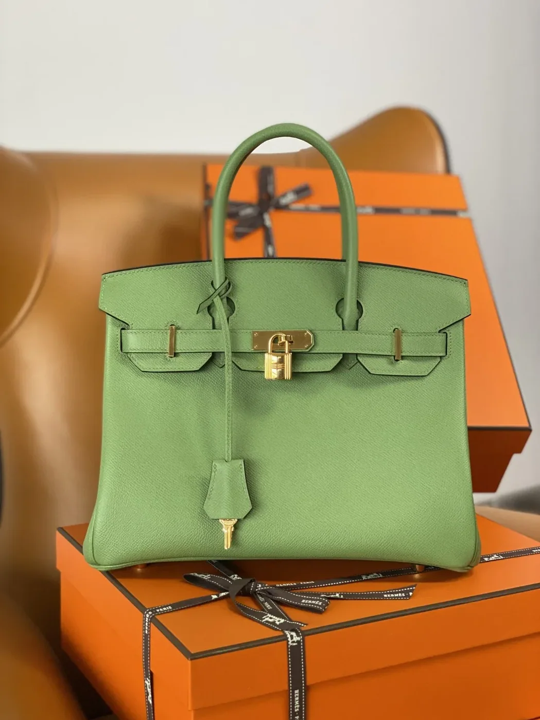 Hermes Birkin Top Handle Bag / Nata Swift Green Gold Hardware