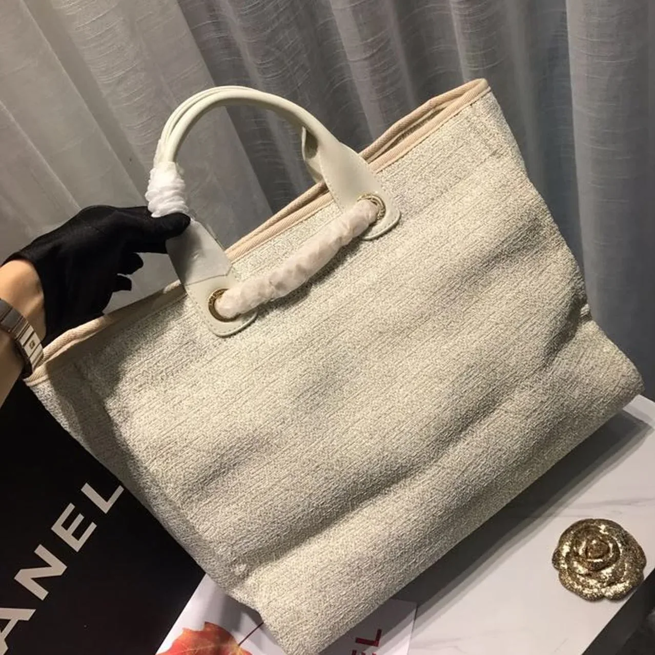 Chanel Deauville Tote Bag / Beige Tweed Canvas Gold Hardware