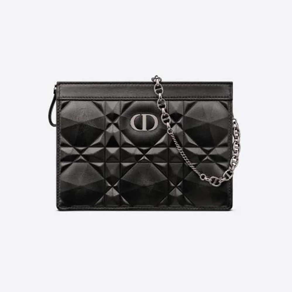 Dior Caro Zipped Pouch with Chain Black Macrocannage Calfskin with Diamond Motif for Women