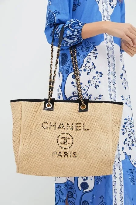 Chanel Deauville Large Tote Bag in Beige Raffia Gold Hardware