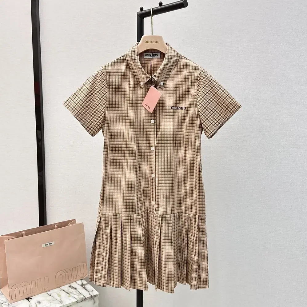 Miu Miu Pleated Check Dress with Embroidered Logo for Women