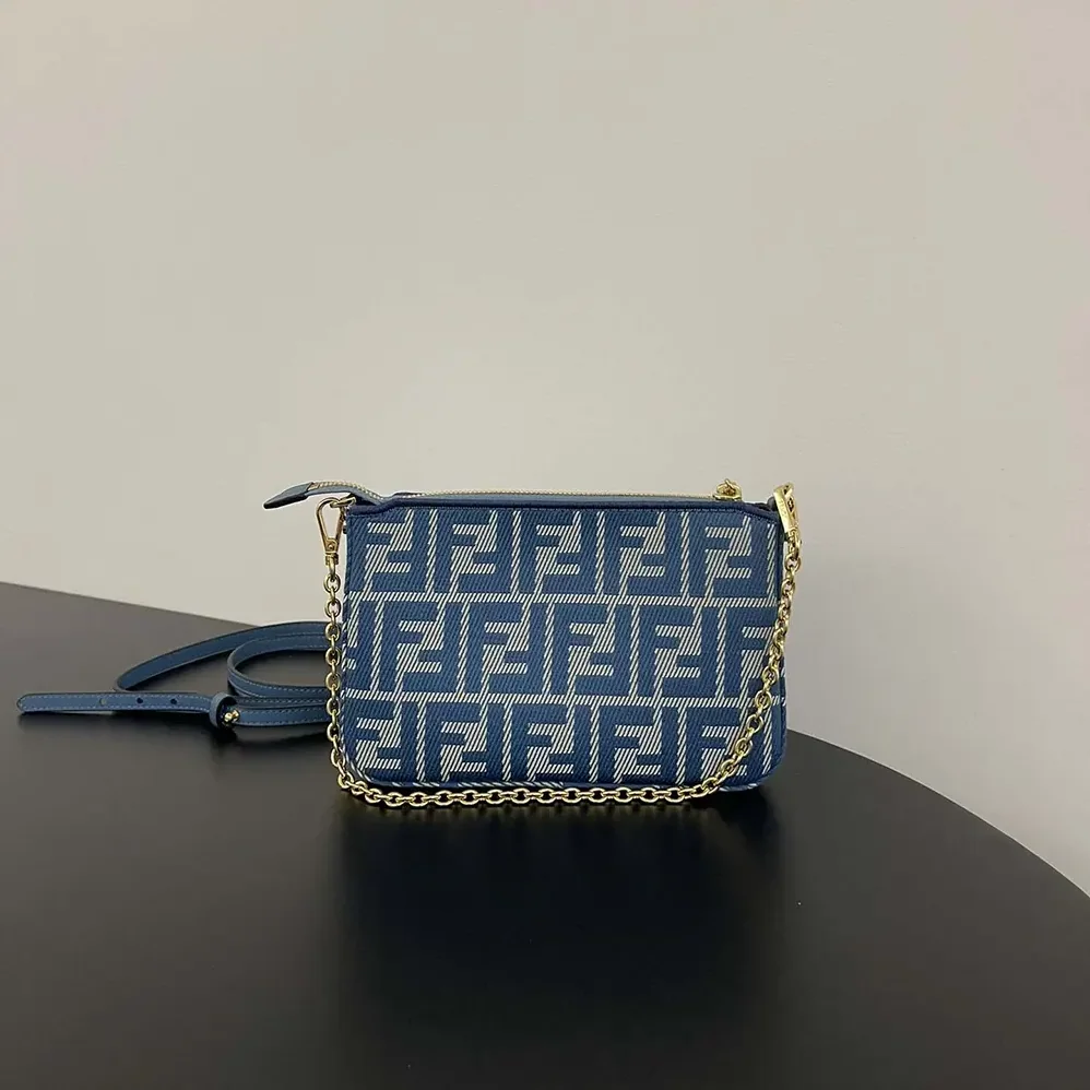 Fendi Baguette Pouch Blue Denim-effect FF Jacquard Charm Pouch with Chain for Women