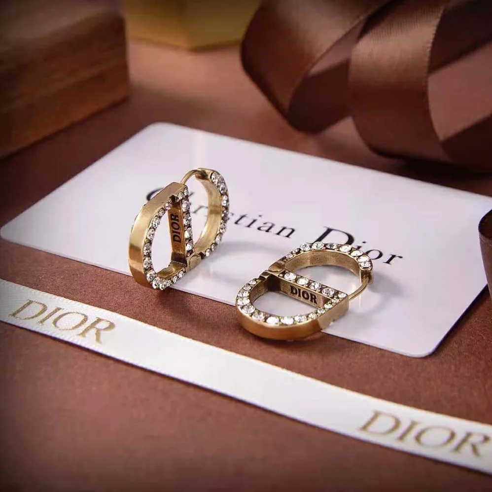 Dior 30 Montaigne Earrings Antique Gold-Finish Metal and White Crystals for Women