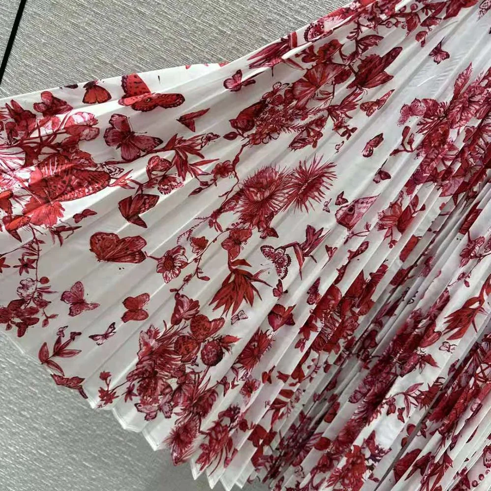 Dior Mid-Length Pleated Skirt White Cotton Denim with Red Toile de Jouy Mexico Motif for Women Dior Mid-Length Pleated Skirt White Cotton Denim with Red Toile de Jouy Mexico Motif for Women