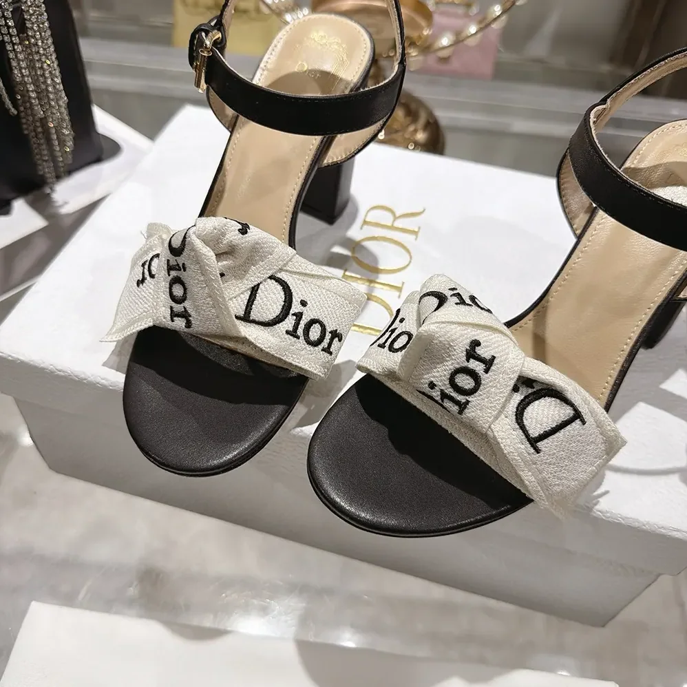 Dior J'Adior Heeled Sandal Embroidered Cotton and Black Lambskin for Women Dior J'Adior Heeled Sandal Embroidered Cotton and Black Lambskin for Women