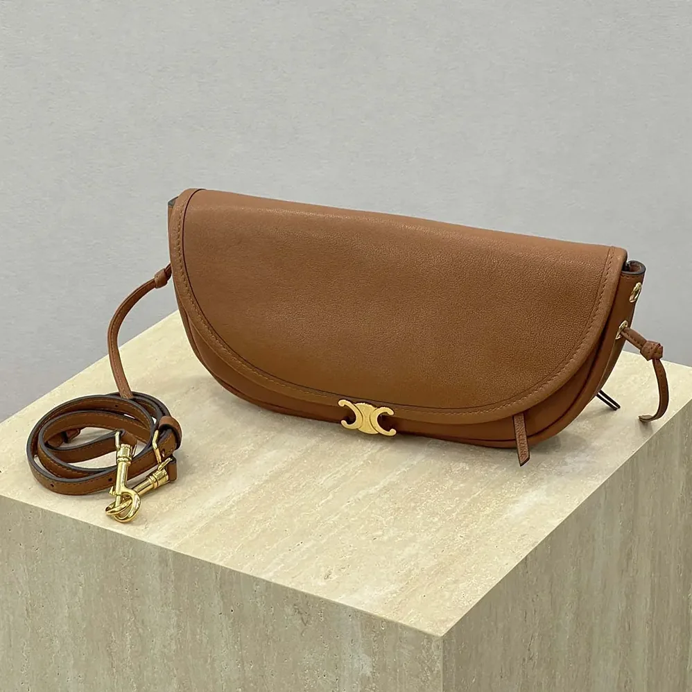 Celine Little Halfmoon Soft Triomphe in Supple Shiny Lambskin for Women in Brown Celine Little Halfmoon Soft Triomphe in Supple Shiny Lambskin for Women in Brown
