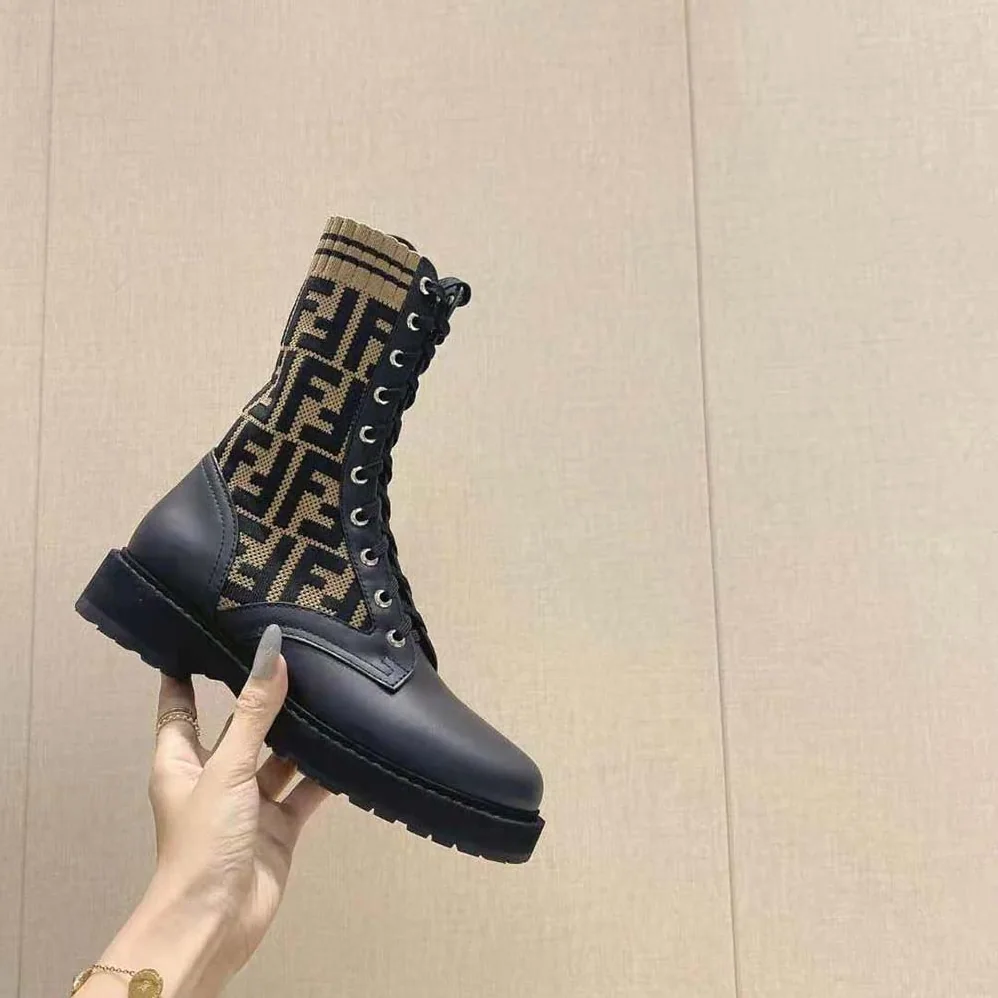 Fendi Rockoko Black/Brown Leather Biker Boots with Stretch Fabric for Women