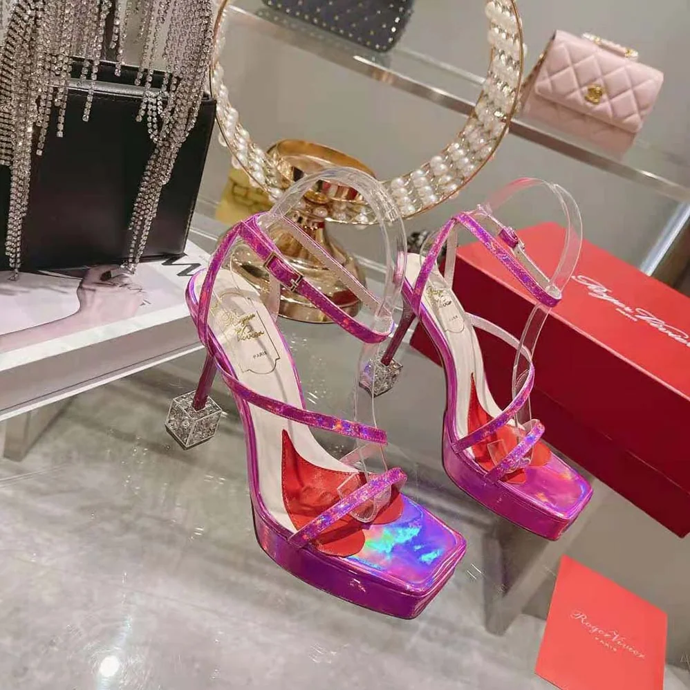 Roger Vivier Cube Strass Heel Sandals in Leather for Women in Purple Roger Vivier Cube Strass Heel Sandals in Leather for Women in Purple