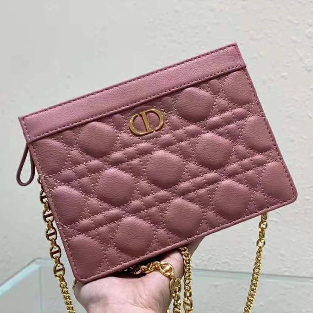 Dior Caro Zipped Pouch with Chain Cedar Green Supple Cannage Calfskin for Women in Pink Dior Caro Zipped Pouch with Chain Cedar Green Supple Cannage Calfskin for Women in Pink