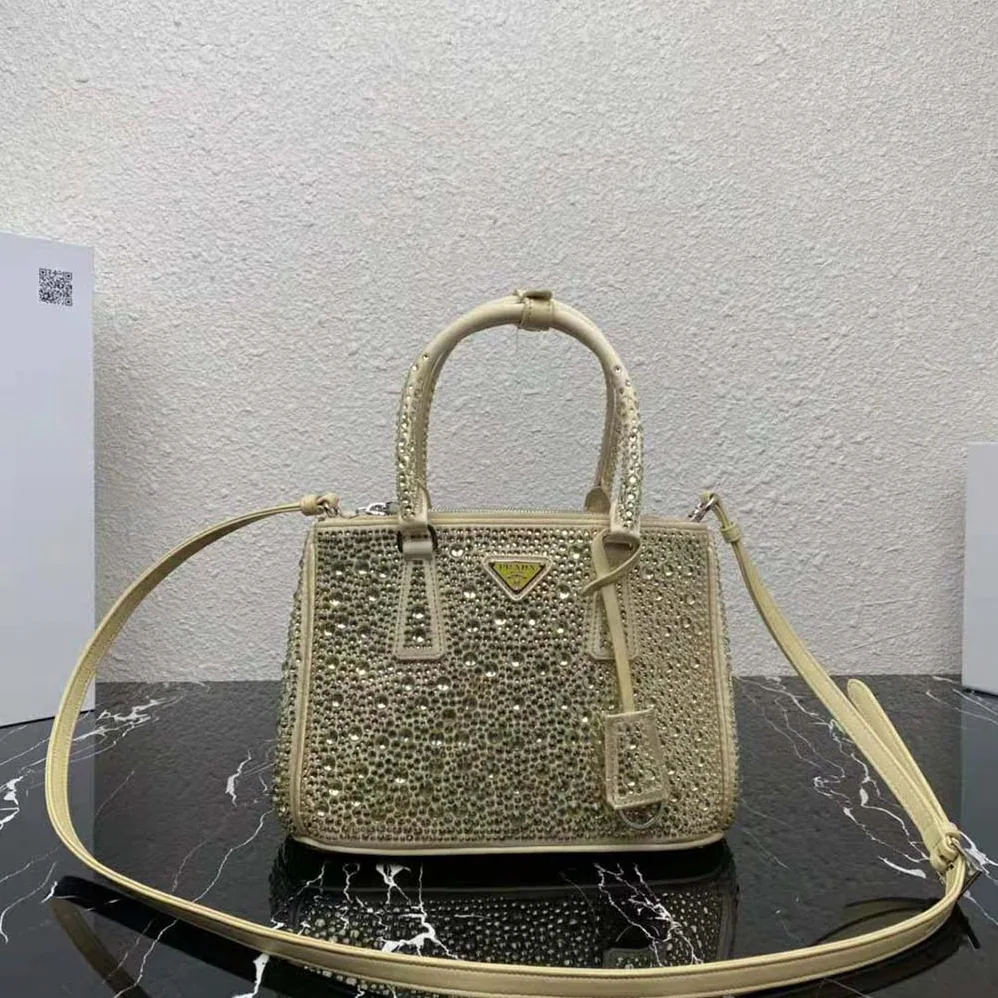 Prada Galleria Satin Mini-Bag with Crystals for Women in Gold Prada Galleria Satin Mini-Bag with Crystals for Women in Gold