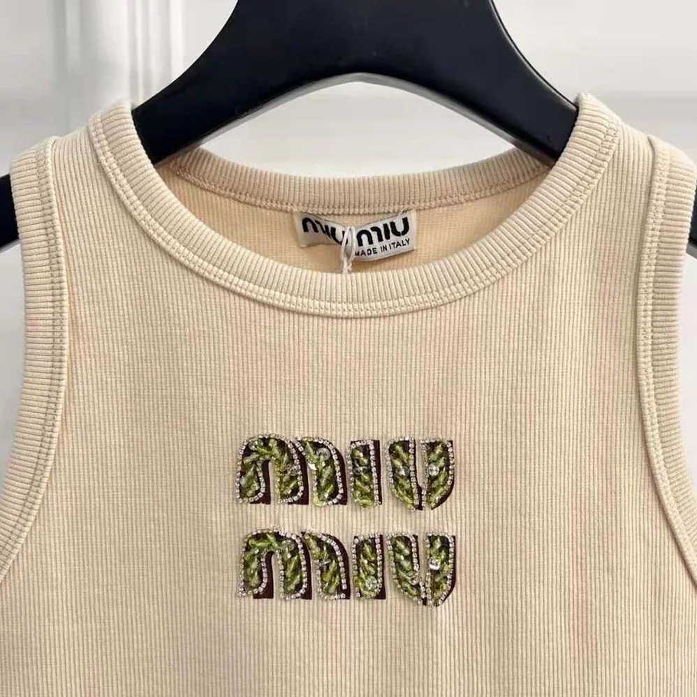 Miu Miu Ribbed Jersey Top with Embroidered Logo for Women in Beige