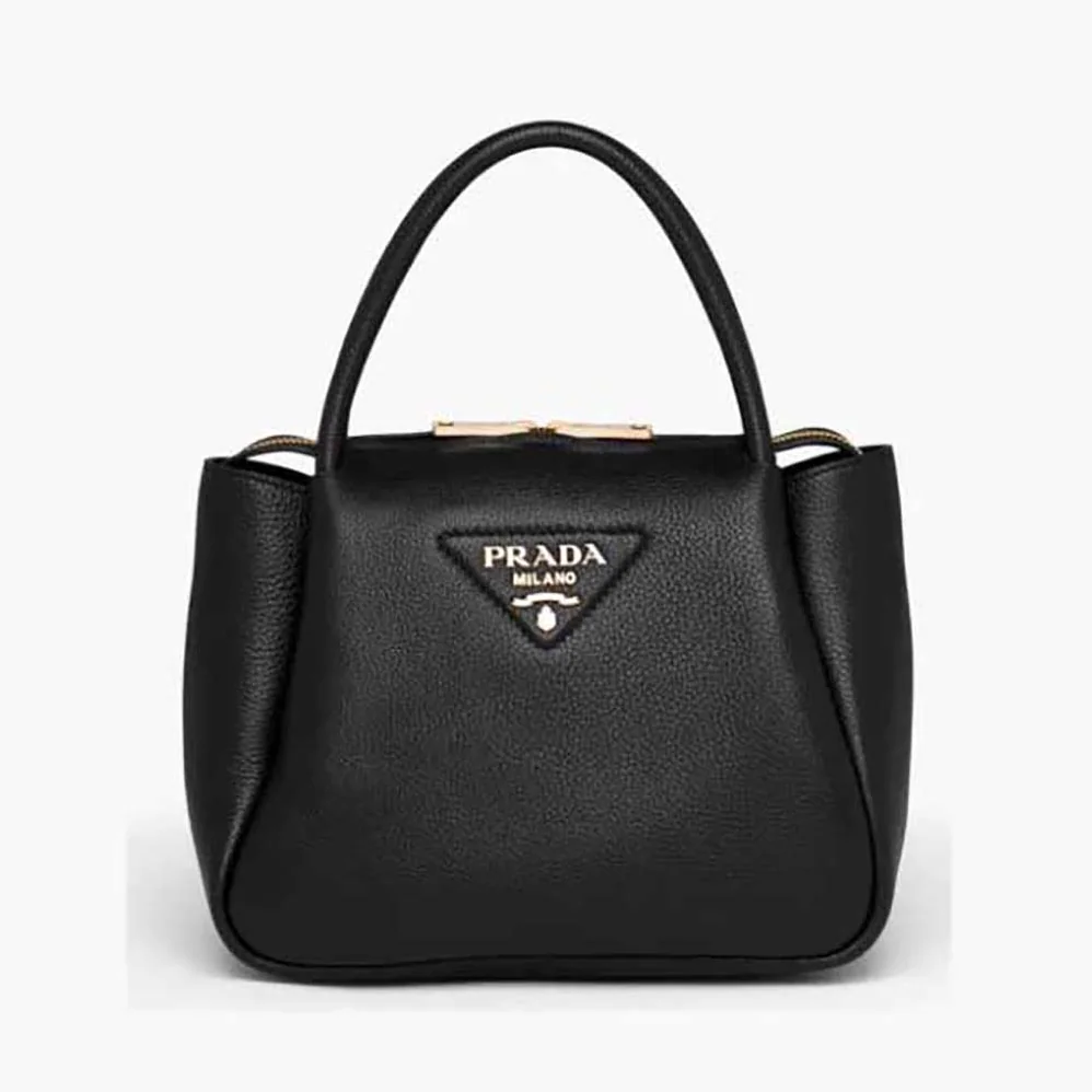 Prada Small leather Handbag with the Prada Metal Lettering Logo Illuminating Its Center for Women Prada Small leather Handbag with the Prada Metal Lettering Logo Illuminating Its Center for Women