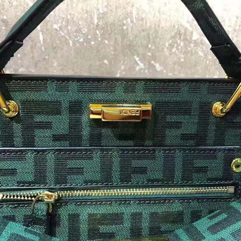 Fendi Peekaboo Iconic Medium Jacquard Fabric Interlace Bag for Women in Dark Green