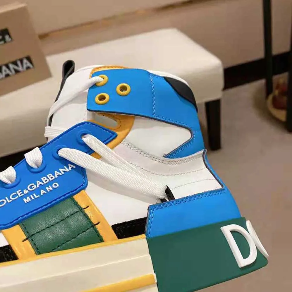 Dolce Gabbana D&G Calfskin Custom 2.Zero High-Top Sneakers with Contrasting Details for Men in Blue