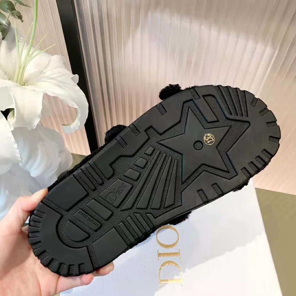 Dior Dway Slide Black Embroidered Cotton and Shearling for Women Dior Dway Slide Black Embroidered Cotton and Shearling for Women