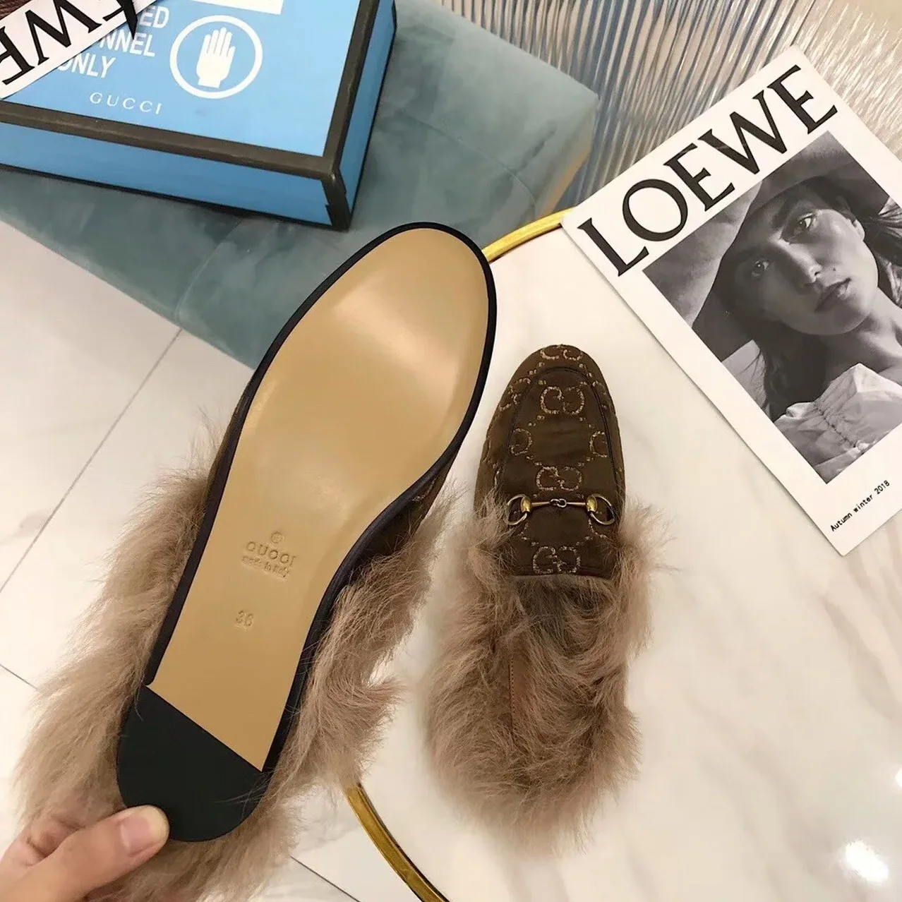 Gucci Princetown Velvet Fur Slipper Mules Calfskin Leather Pre-Fall/Winter Collection, Brown Gucci Princetown Velvet Fur Slipper Mules Calfskin Leather Pre-Fall/Winter Collection, Brown