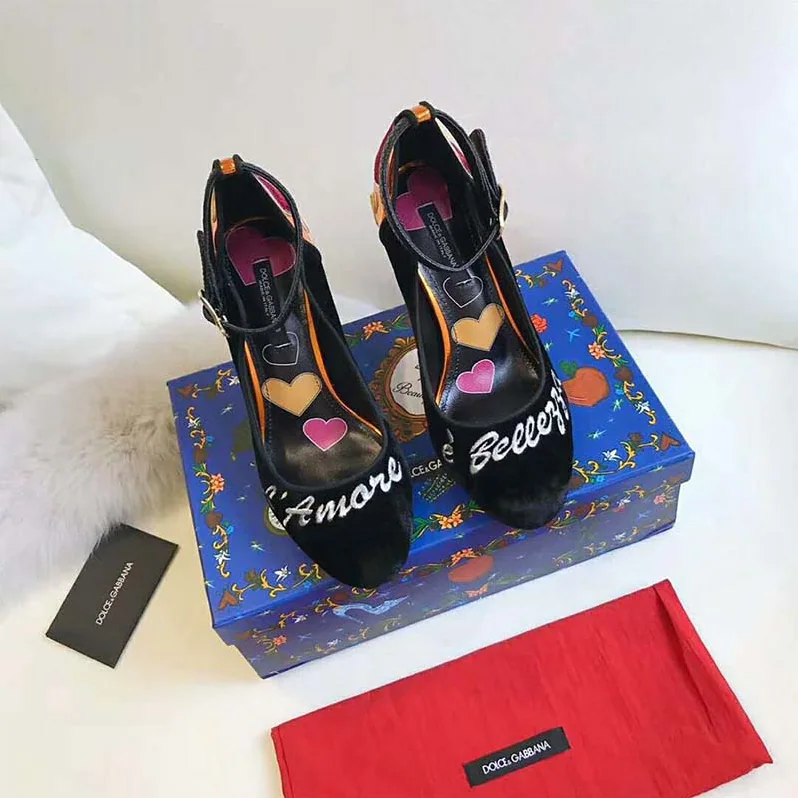 Dolce Gabbana D&G Shoes Velvet Pumps with Strap and Embroidery 90mm Heel for Women
