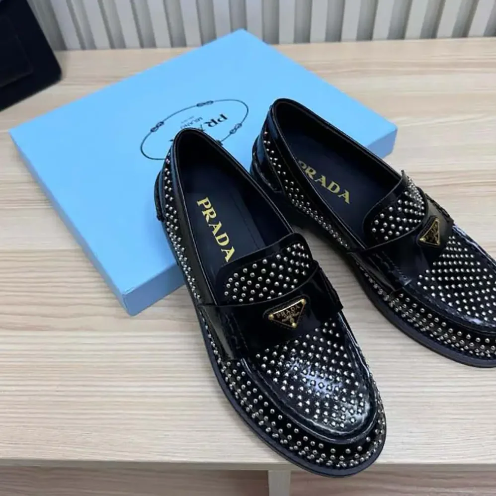 Prada Chocolate Satin Loafers with Crystals for Women in Black