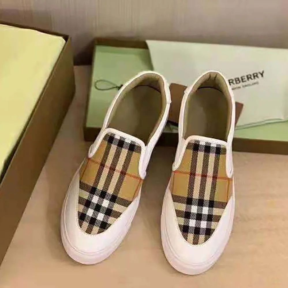 Burberry Leather and Vintage Check Slip-on Sneakers for Women in White Burberry Leather and Vintage Check Slip-on Sneakers for Women in White