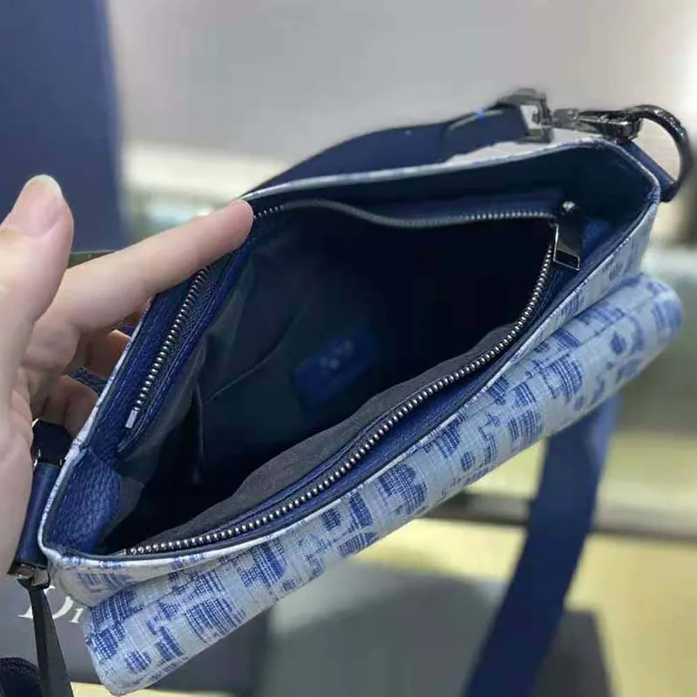 Dior Mini Saddle Soft Bag Blue Dior Oblique Kasuri jacquard for Men