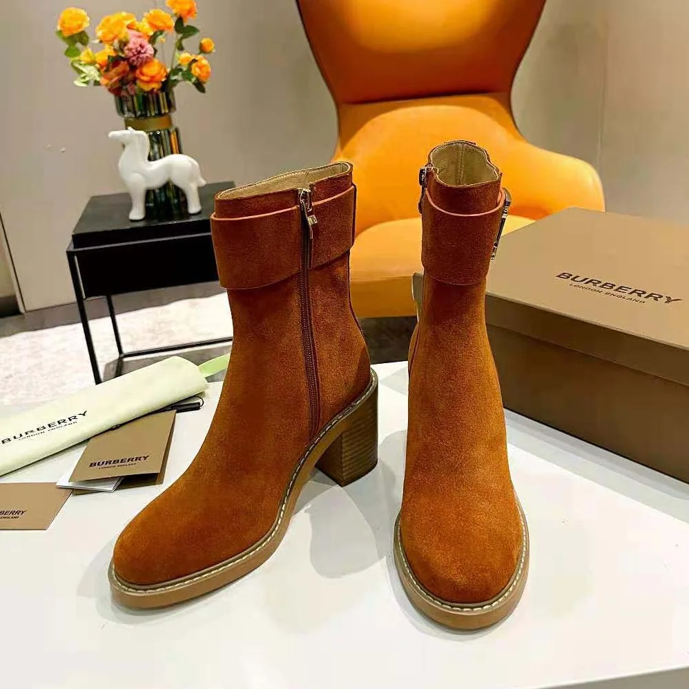Burberry Monogram Motif Suede Block for Women in Heel Boots Burberry Monogram Motif Suede Block for Women in Heel Boots