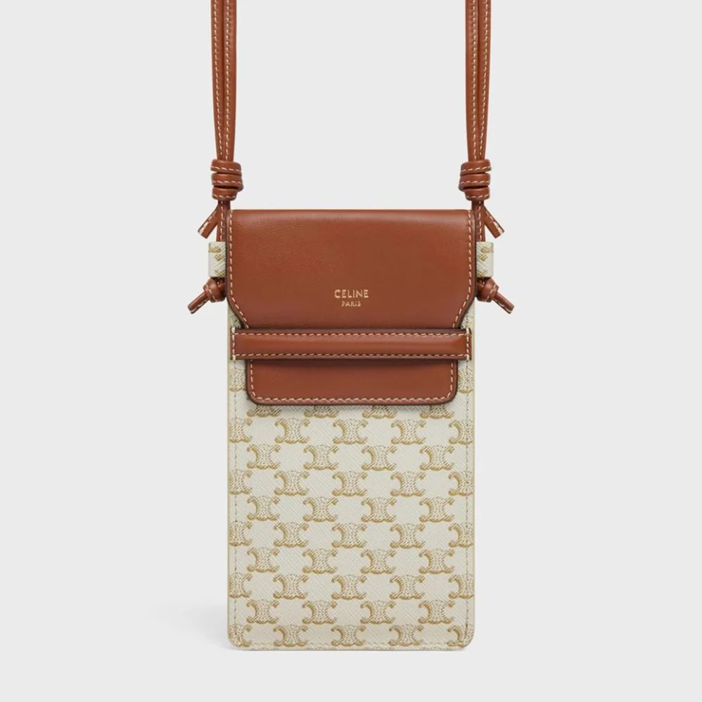 Celine Phone Pouch with Flap in Triomphe Canvas and Lambskin for Women in Beige Celine Phone Pouch with Flap in Triomphe Canvas and Lambskin for Women in Beige