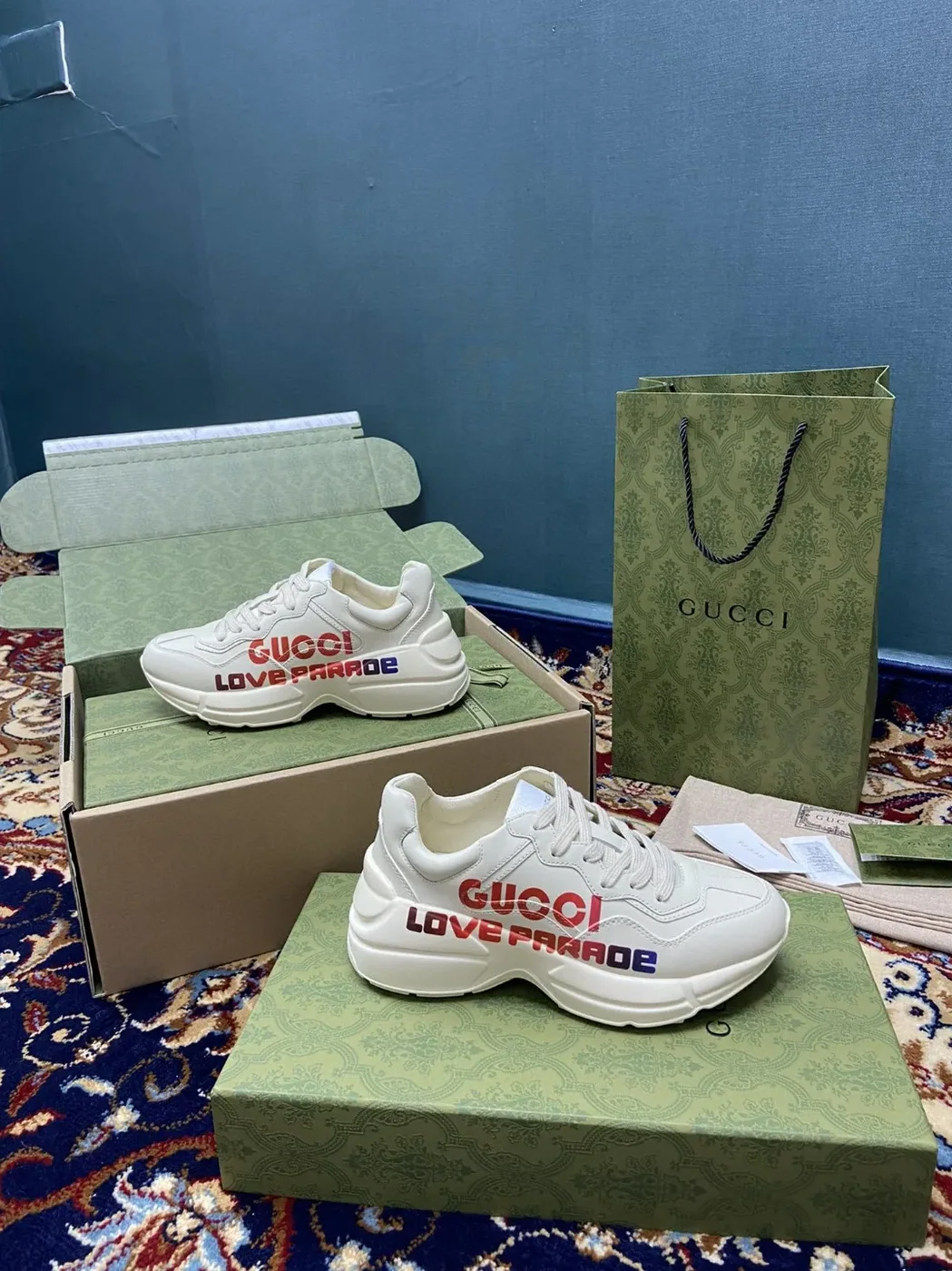 Gucci Rhyton Sneakers With Gucci Love Parade Red White Ivory for Men Gucci Rhyton Sneakers With Gucci Love Parade Red White Ivory for Men