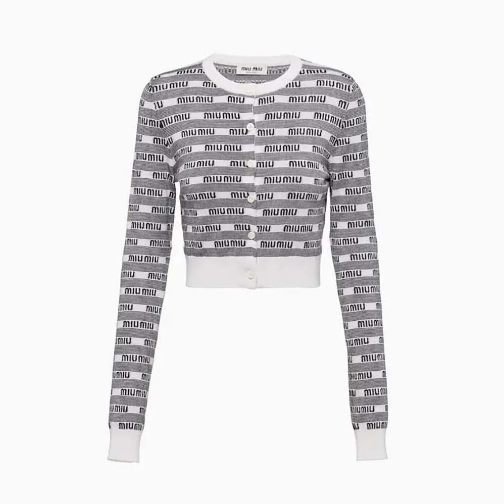 Miu Miu Cashmere and Silk Cardigan with Jacquard Logo for Women in White Miu Miu Cashmere and Silk Cardigan with Jacquard Logo for Women in White